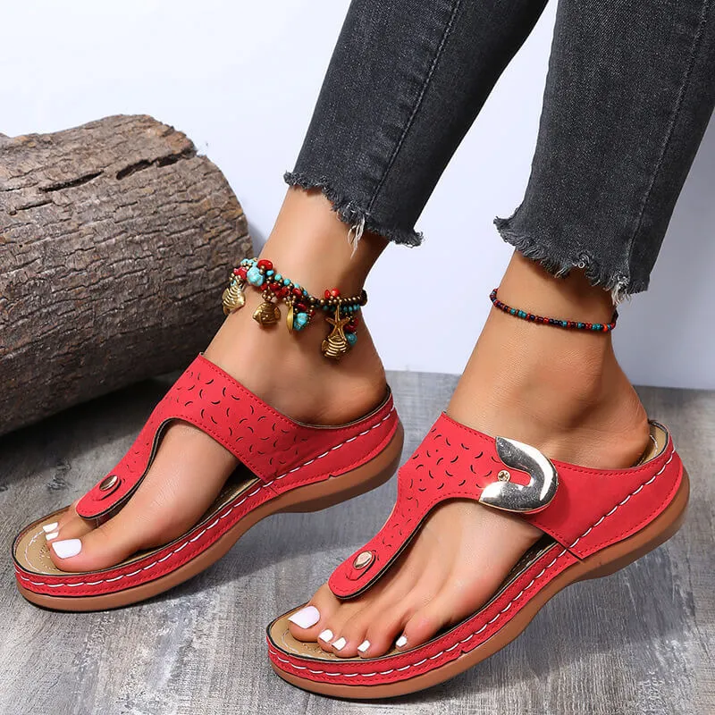 2022 Summer New Women's Metal Decor Feature Pattern Wedge Flip-Flops