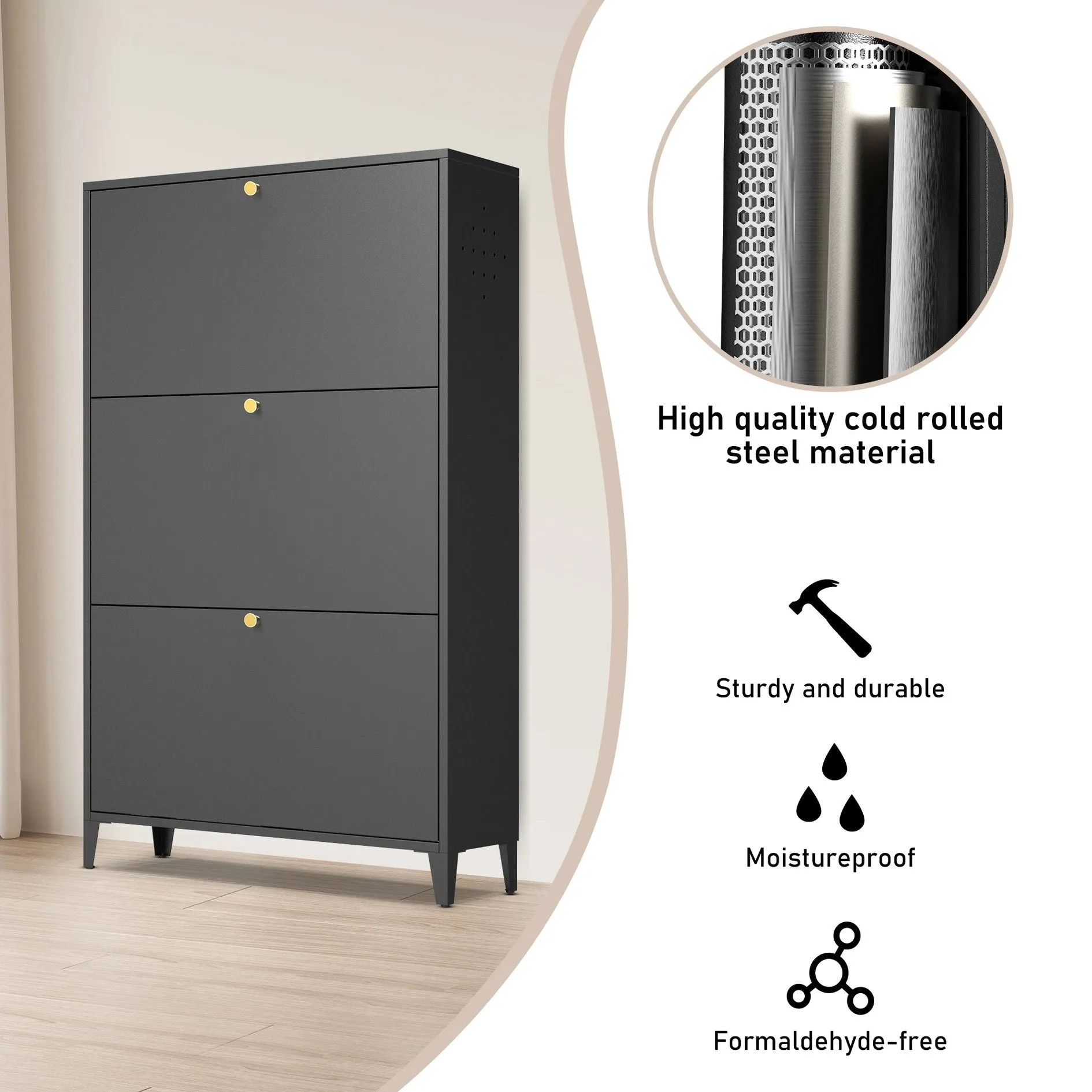 3 Drawer All Steel Shoe Cabinet – Eco-Friendly Freestanding Organizer with Adjustable Shelves & Locking Door