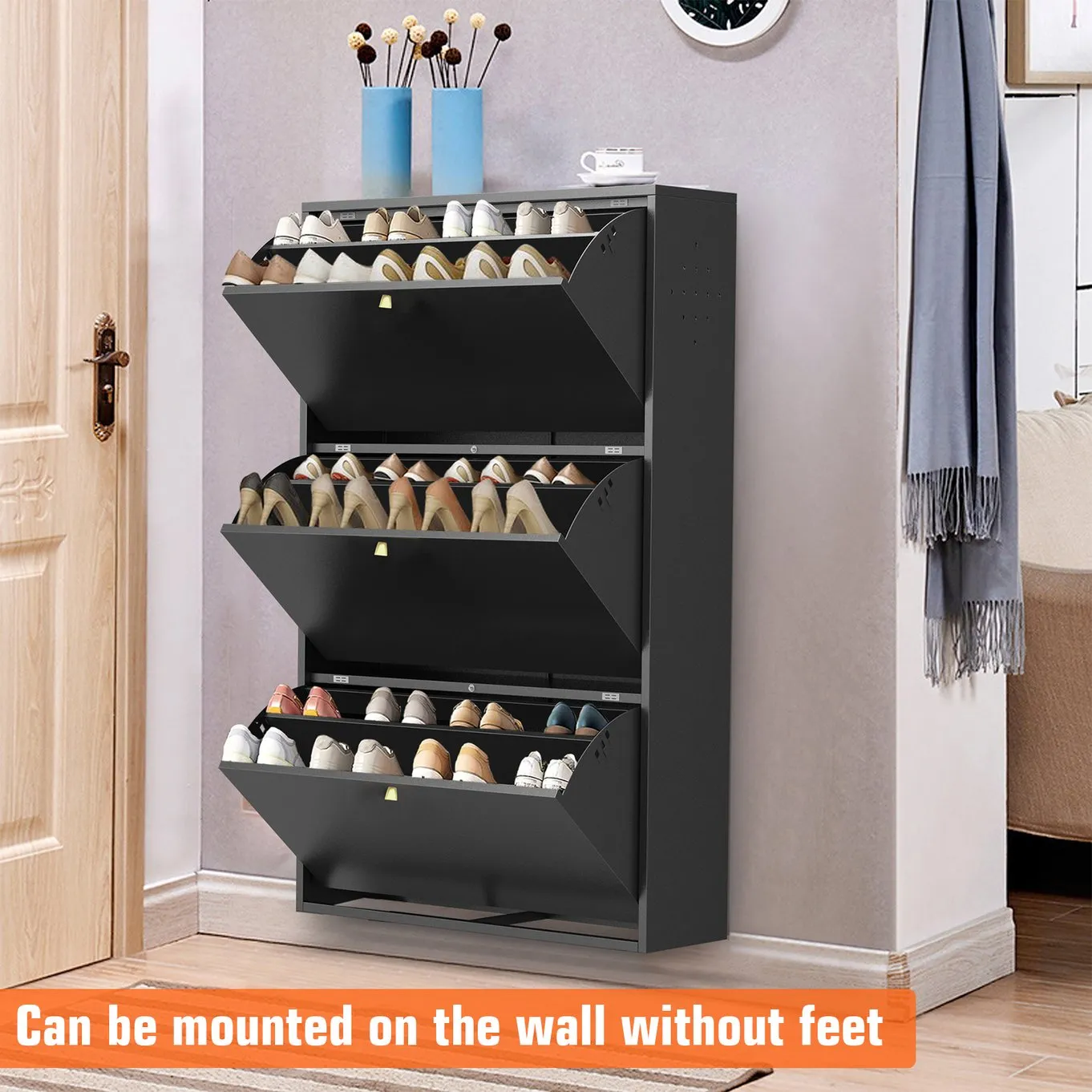 3 Drawer All Steel Shoe Cabinet – Eco-Friendly Freestanding Organizer with Adjustable Shelves & Locking Door