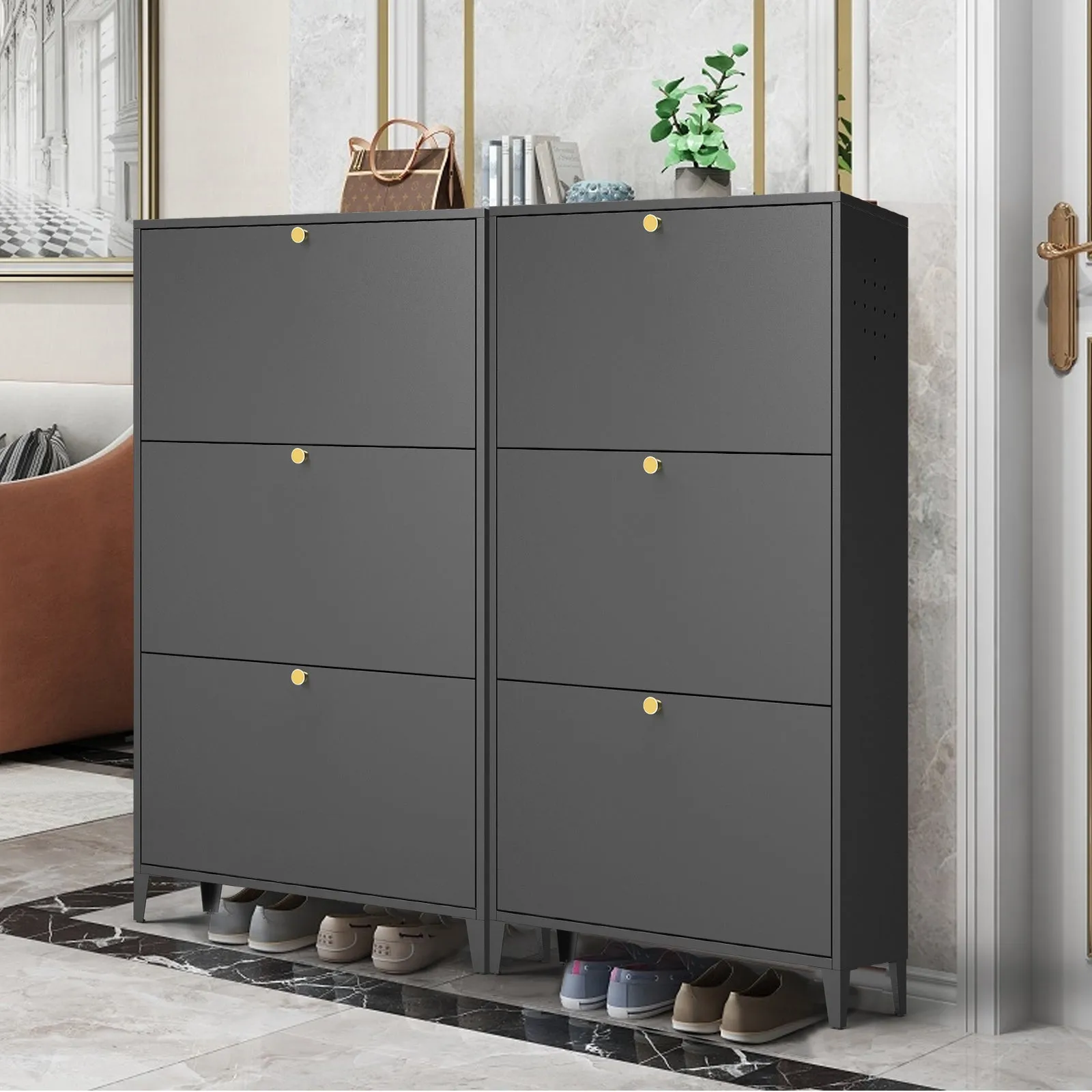3 Drawer All Steel Shoe Cabinet – Eco-Friendly Freestanding Organizer with Adjustable Shelves & Locking Door