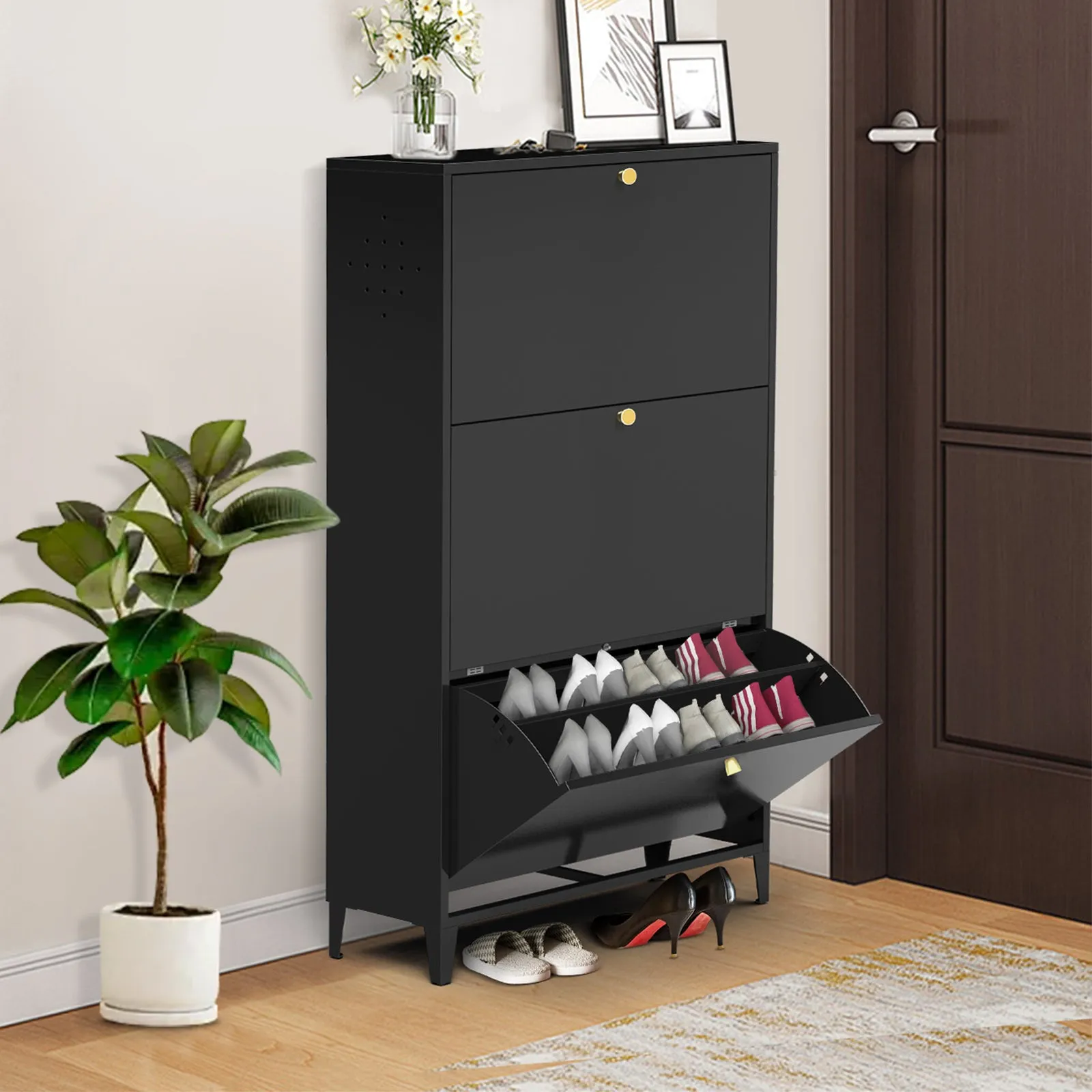 3 Drawer All Steel Shoe Cabinet – Eco-Friendly Freestanding Organizer with Adjustable Shelves & Locking Door