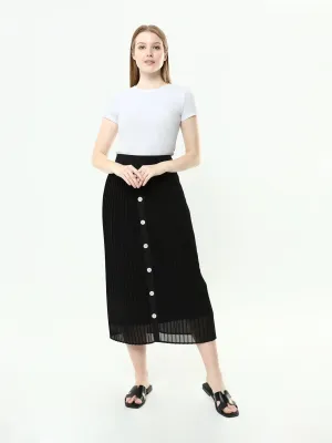 Black Decorative Button Midi Skirt