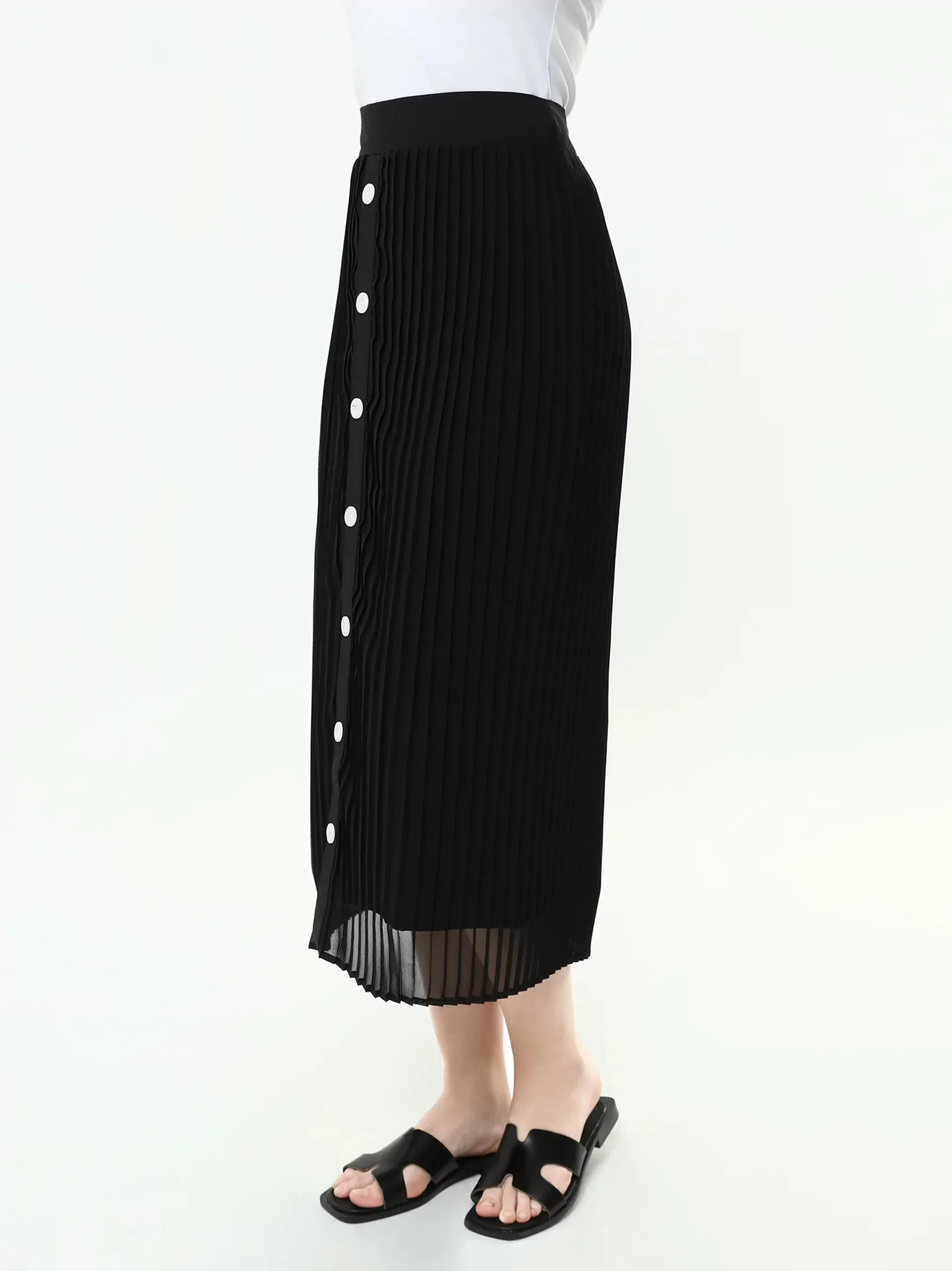 Black Decorative Button Midi Skirt