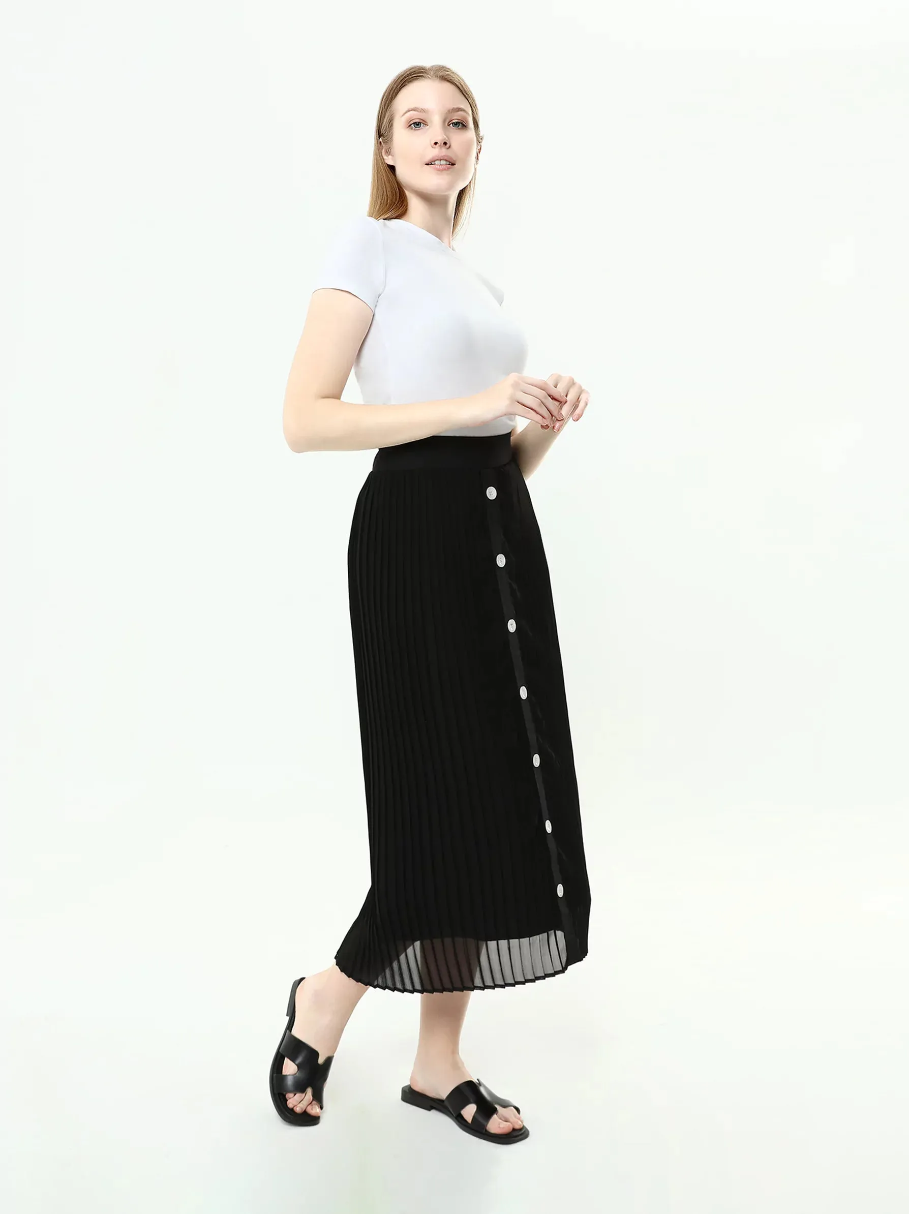 Black Decorative Button Midi Skirt