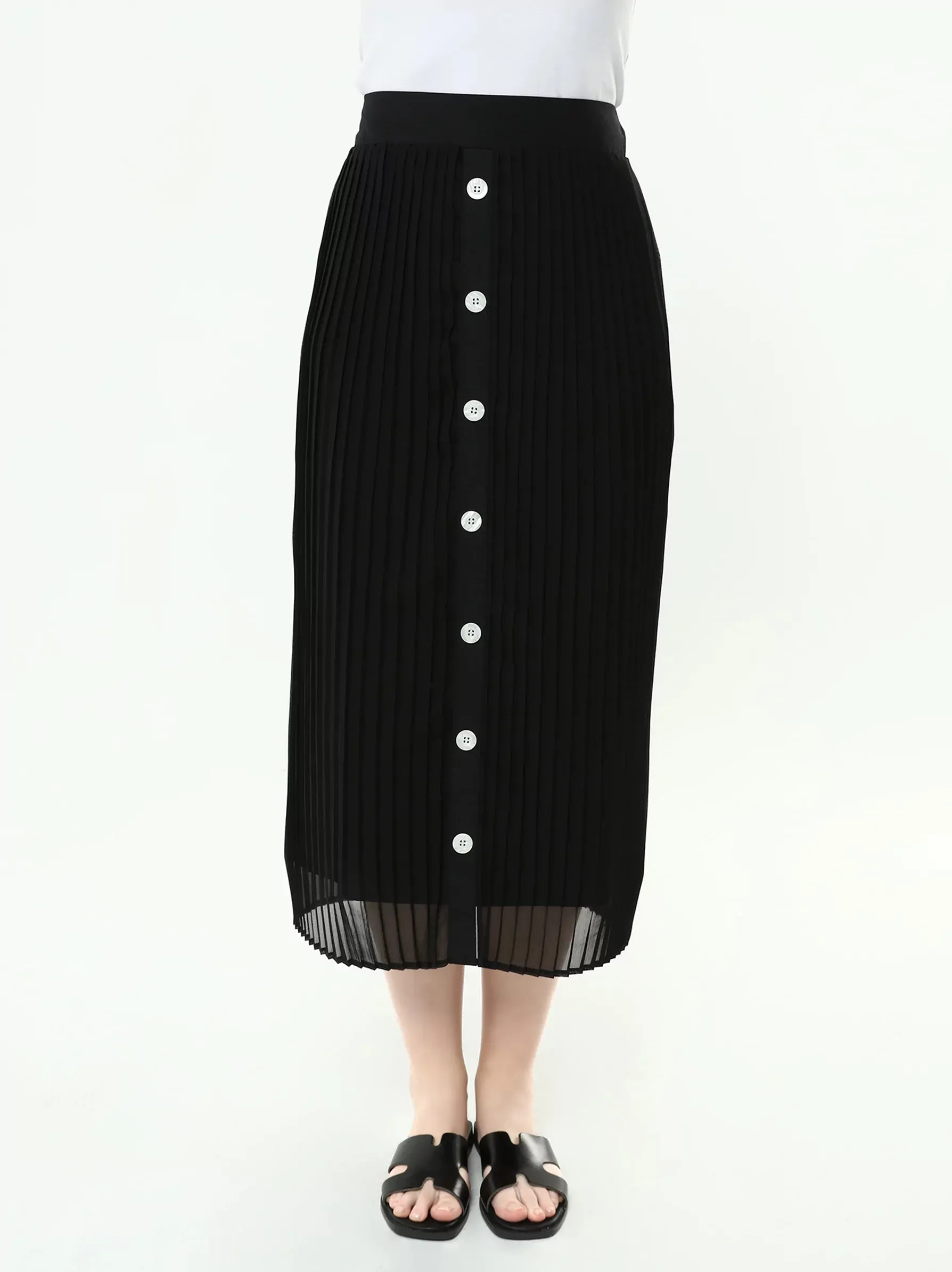 Black Decorative Button Midi Skirt