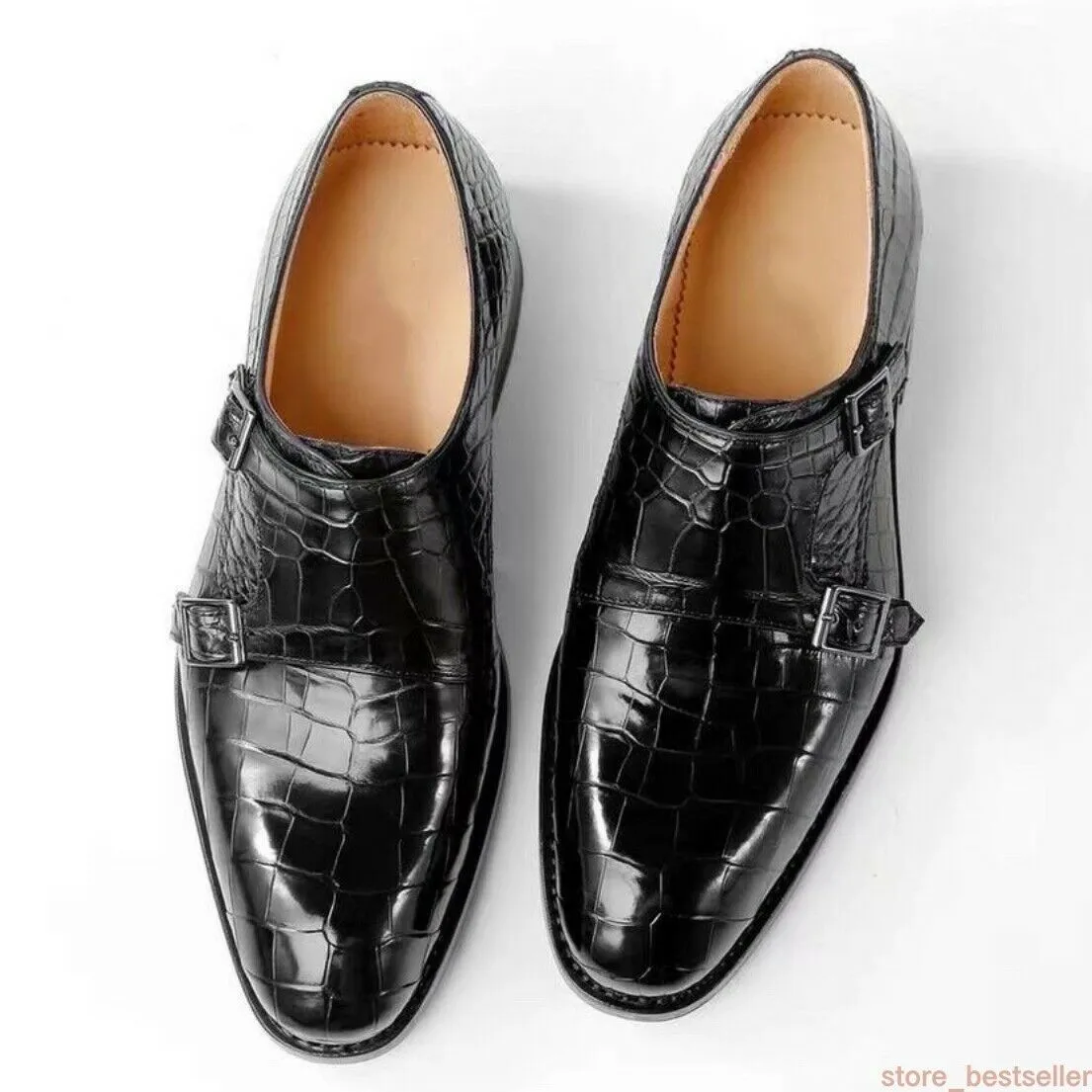 Crocodile Alligator Leather Double Monk Strap Dress Shoes Oxford Formal Business Shoes-Black