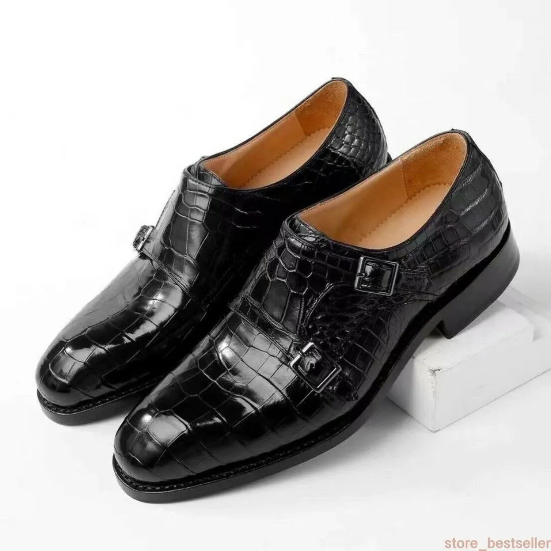 Crocodile Alligator Leather Double Monk Strap Dress Shoes Oxford Formal Business Shoes-Black