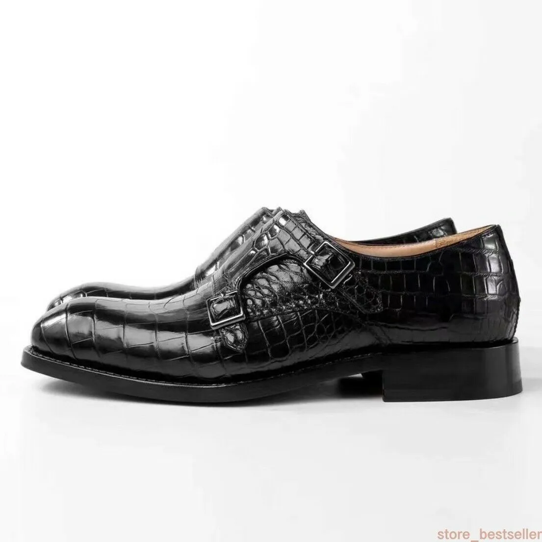 Crocodile Alligator Leather Double Monk Strap Dress Shoes Oxford Formal Business Shoes-Black