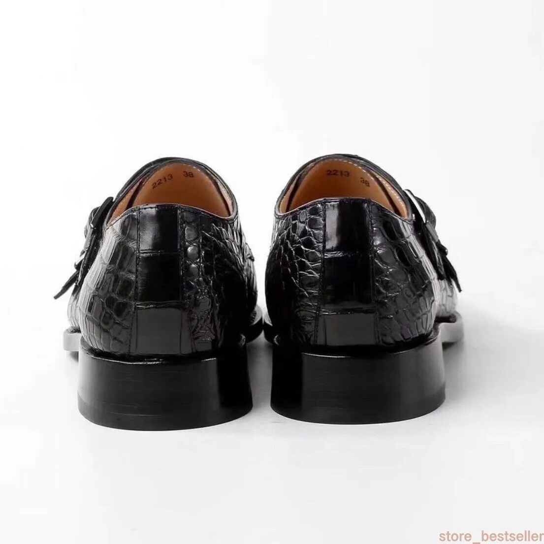 Crocodile Alligator Leather Double Monk Strap Dress Shoes Oxford Formal Business Shoes-Black