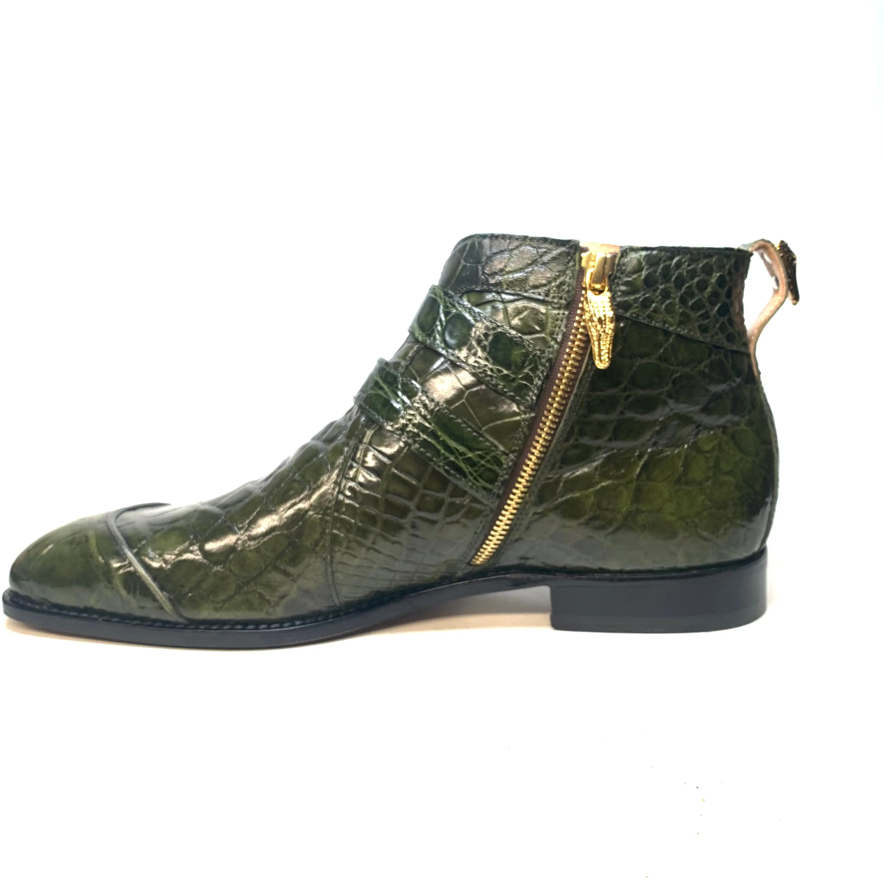 Mauri " 4848" Olive Green Alligator Monk Strap Zipper Boots