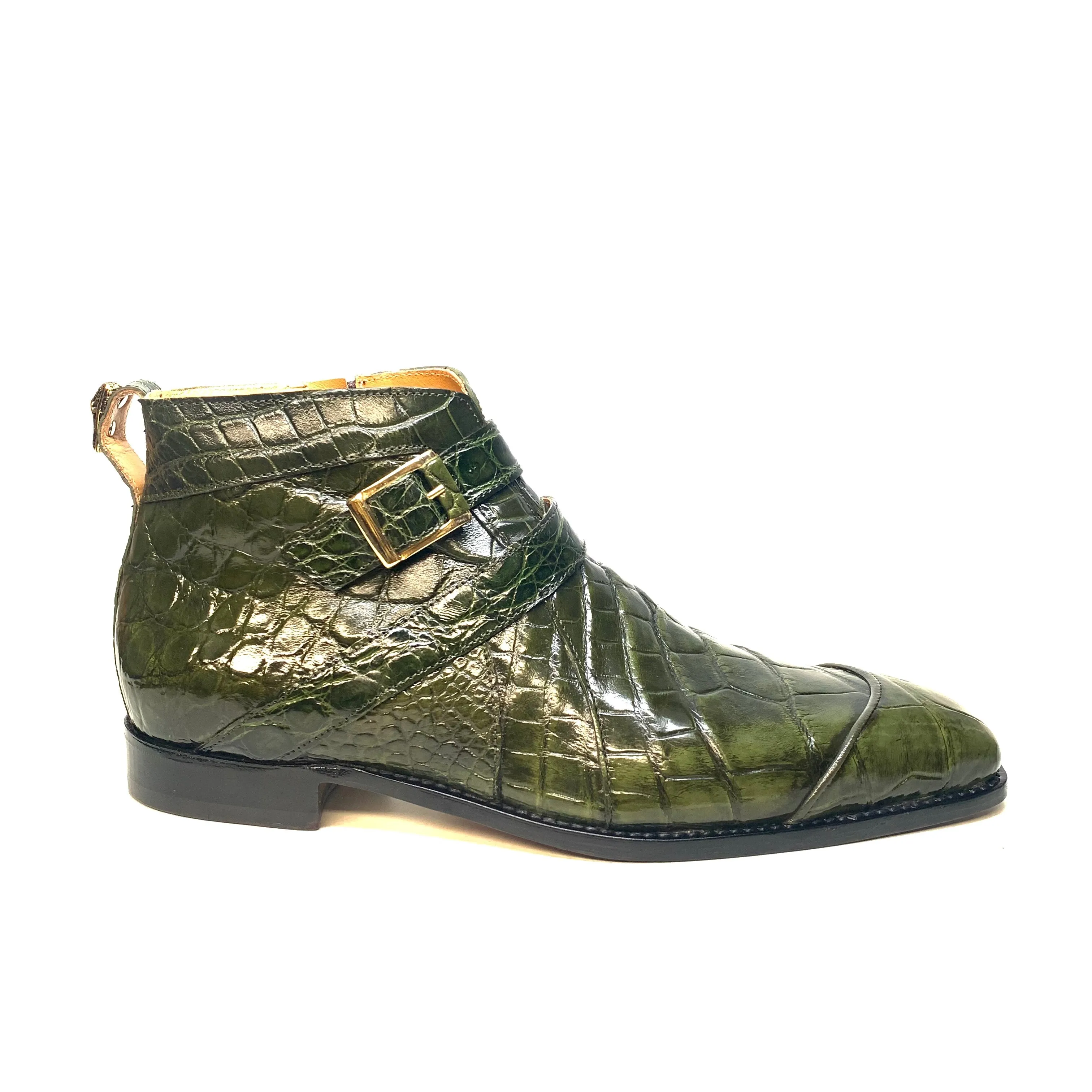 Mauri " 4848" Olive Green Alligator Monk Strap Zipper Boots